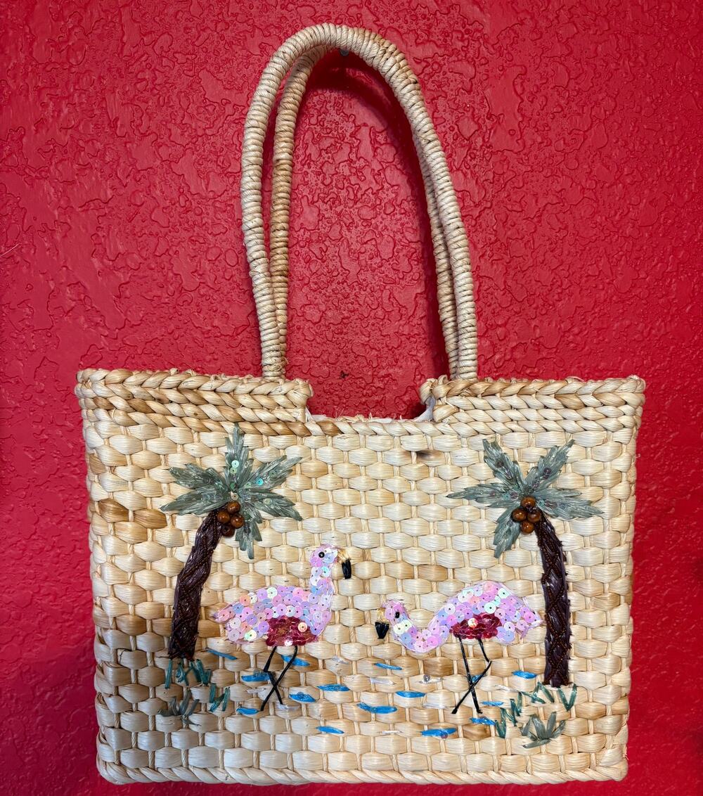Vintage HANDMADE MEXICO STRAW HANDBAG PURSE TOTE Pink Pelican!